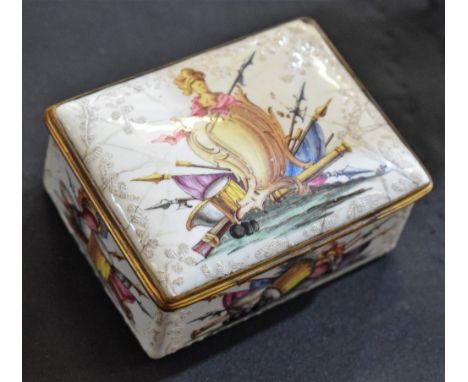 A George III South Staffordshire enamel rectangular table snuff box, painted with triumphal regalia, c.1770