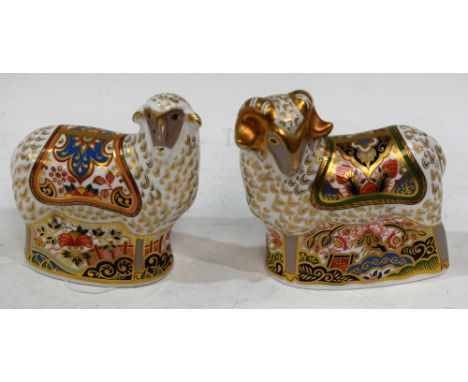 A Royal Crown Derby paperweight, Imari Ram, Visitors Centre exclusive, gold stopper, boxed; another, Imari Ewe, gold stopper,