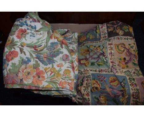 Textiles - a large pair of Sanderson linen curtains, Salad Days, c.1930/40's; another pair, similar, tapestry design with Woo
