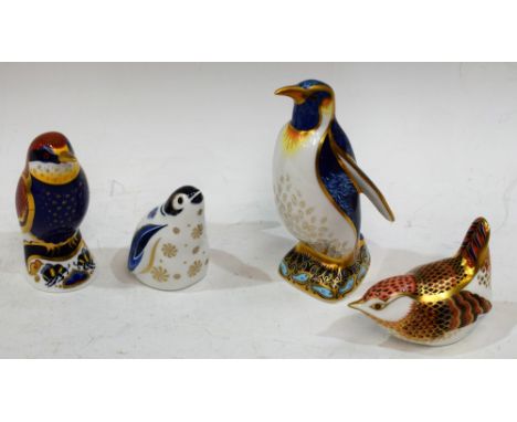 A Royal Crown Derby paperweight, Emperor Penguin, gold stopper, boxed; others, Snowflake Baby Penguin, Collector's Guild, Exc