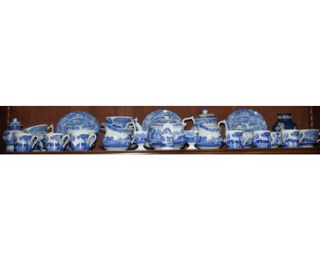 Ceramics - Spode Italian pattern blue and white part tea and coffee service including teapot, cups, saucers, cream and milk j