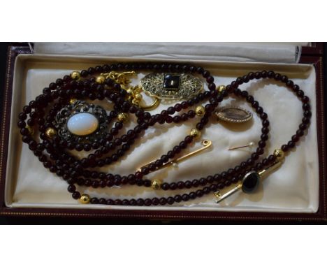 Jewellery - a 9ct gold seed pearl bar brooch, a Victorian seed pearl and hair mourning brooch, necklace, brooches, etc