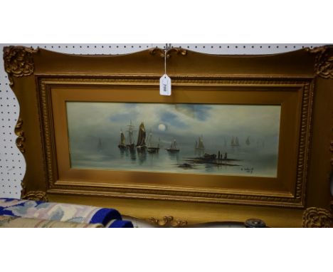 R Wroot (20th century)Moonlight Sails and Steamsigned, dated 1907, oil on board, 18cm x 52cm, ornate swept gilt frame