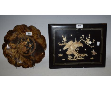 A 19th century faux tortoiseshell fluted dish, lacquered orientalist decoration, 27cm diameter; a chinese panel, bone and mot