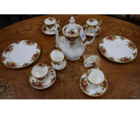 A Royal Albert Old Country Roses coffee service for four, comprising coffee pot, cream jug, sugar bowl, four cups and saucers