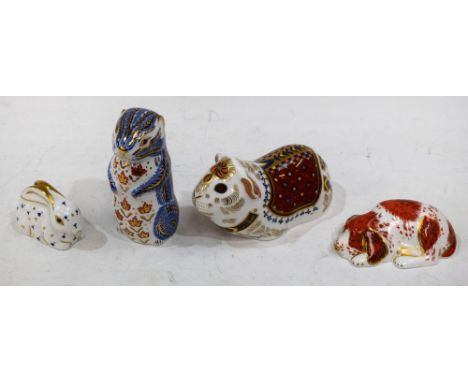 A Royal Crown Derby paperweight, Guinea Pig, gold stopper, boxed; others, Chipmunk, Puppy, Collector's Guild Exclusive and Ba