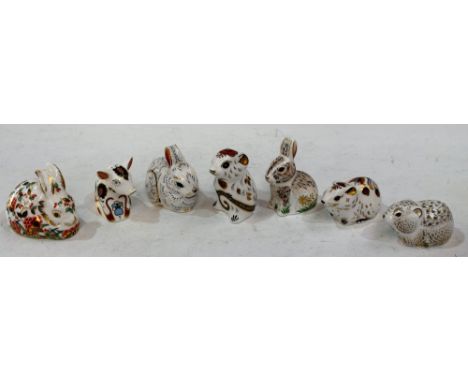 A Royal Crown Derby paperweight, Mouse, gold stopper, boxed; others, Meadow Rabbit, Nibbles, Bunny, Bank Vole, River Bank Vol