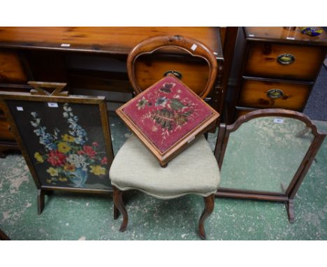 A Victorian side chair, c.1860; a Victorian footstool, c.1880; a swing mirror; a firescreen (4)