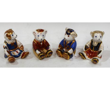 A Royal Crown Derby paperweight, School Girl Teddy, gold stopper; others, School Boy Teddy, gold stopper; Scottish Teddy - Fr