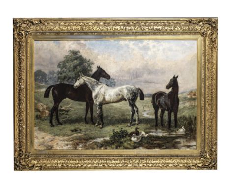 Harry Hall (British, 1815-1882)Three mares by a stream Signed and dated 'Hall 1861-2' (lower left) Oil on canvas 81 x 122cm (