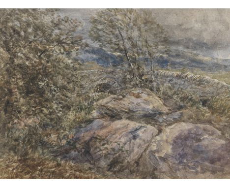 David Cox Snr. O.W.S. (British, 1783-1859)Rock, arched bridge and trees on a windswept dayWatercolour 27 x 36cm (10 5/8 x 14 