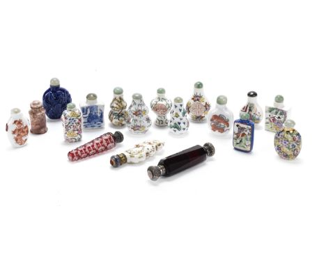 A group of fifteen different snuff bottlesLate 19th / 20th centuryComprising: fourteen Chinese polychrome enamelled porcelain