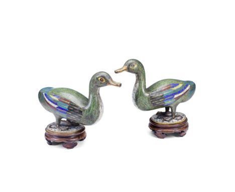 A pair of cloisonné enamel ducks18th / 19th centuryStanding on webbed feet, the bodies brightly enamelled in green, blue, whi