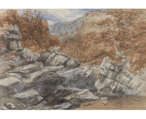 David Cox Snr. O.W.S. (British, 1783-1859)A stream, two children on the rocky banks and wooded hillside, autumnIndistinctly d