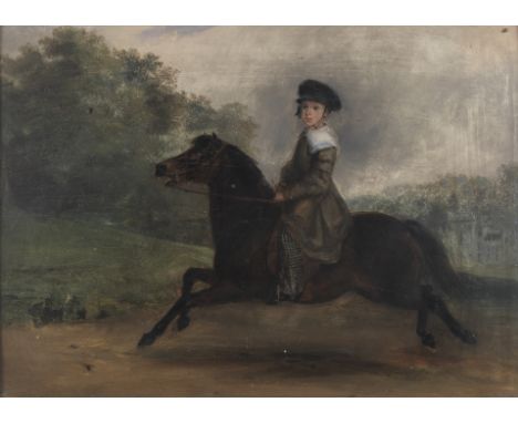 British School, circa 1843A young boy exercising his pony, within the parkland of Hampton Court CastleOil on panel 31 x 41cm 