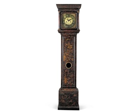 A first half 18th century japanned and simulated tortoiseshell longcase clockThomas Land, TivertonThe hood with moulded corni