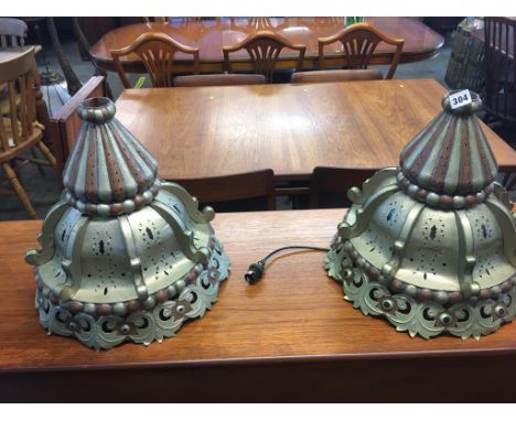 Pair of brass hanging light shades, 50cm