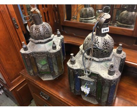 Pair of brass Moroccan style light shades, 50cm