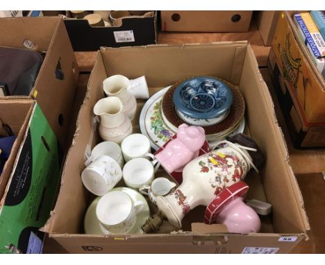 Box of assorted china, Belleek vases, Royal Worcester jug etc.
