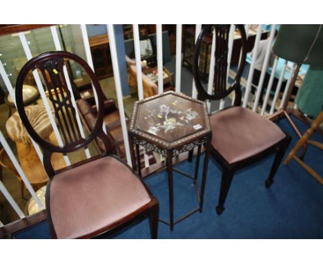 Octagonal occasional table, inlaid with mother of pearl and a pair of chairs