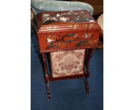 A Japanese lacquered sewing box, inlaid with mother of pearl