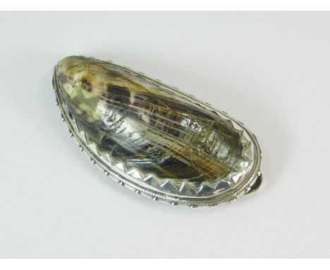 SNUFF BOX. A Georgian unmarked silver plate mussel shell snuff box. The hinged cover engraved with initials. Unmarked. Length