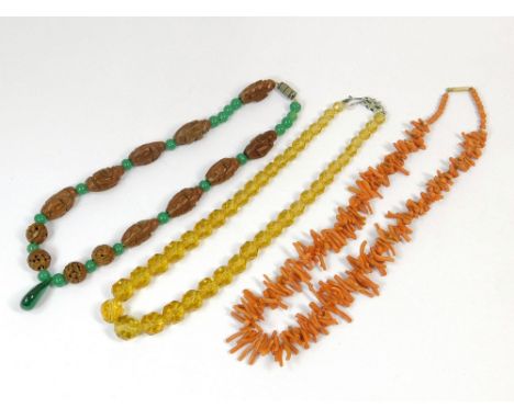 COSTUME JEWELLERY. A stick coral necklace, a Chinese carved seed necklace etc.  Note that all items in this auction are previ