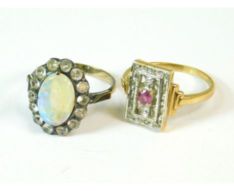 DRESS RINGS. A 9ct. Art Deco style ruby & illusion diamond set dress ring. Size O/P. Also, an opal & paste cluster dress ring