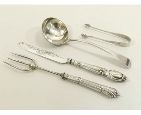 SILVER FLATWARE. Flatware, including a George III sauce ladle, London 1798. Also, a Victorian silver dessert knife, a silver 