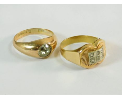GOLD RINGS. An early 20th century 9ct. gold ring, set a colourless paste stone, Chester 1919, size N. Also, one other gold ri