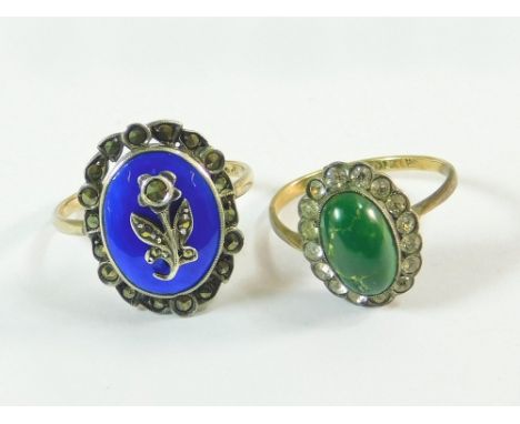 DRESS RINGS. A 9ct. gold dress ring set with marcasite on a blue enamelled ground, size N/O. Also, one other 9ct. gold & silv