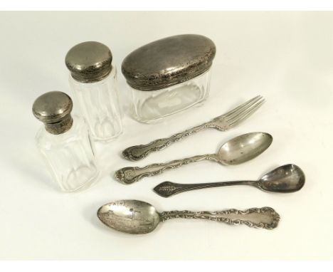 TOILET JARS ETC. Three silver mounted cut glass toilet jars, an American silver spoon & fork set, an American silver Brooklyn