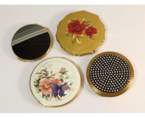 POWDER COMPACTS. Three Stratton powder compacts including one set with diamante & a geometric Marcel Franck powder compact.  