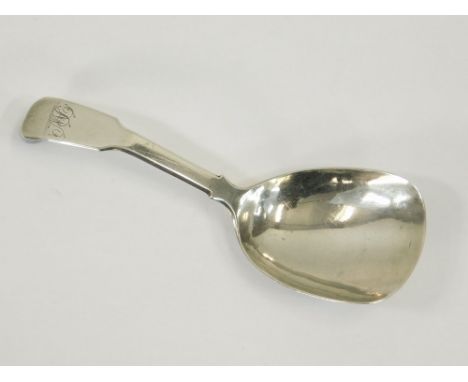 CADDY SPOON. A George III fiddle pattern caddy spoon by Joseph Willmore. Birmingham 1825. Length 10cm.  Please note that all 