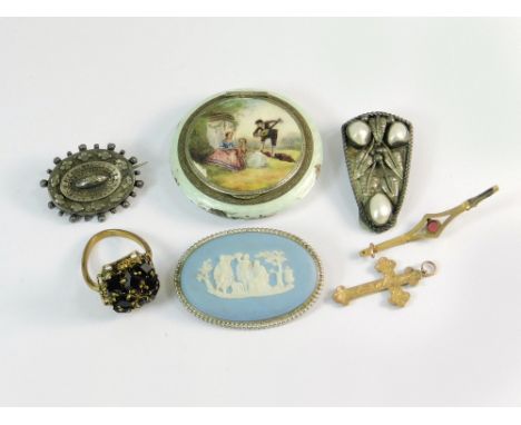 MISCELLANEOUS. A silver & enamel pill box (enamelling a.f.), an Arts & Crafts pewter & blister pearl dress clip, a Wedgwood J