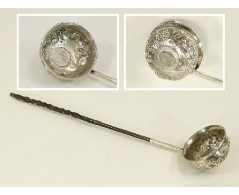 TODDY LADLE. A silver toddy ladle, the bowl set with a George II shilling.  Please note that all items in this auction are pr