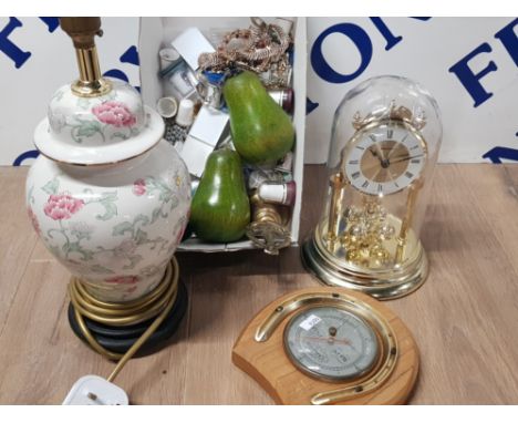 SMALL BOX OF MISCELLANEOUS ITEMS INCLUDES THIMBLES, PEAR SALT AND PEPPER MILLS, TABLE LAMP, HORSESHOE BAROMETER AND ANNIVERSA