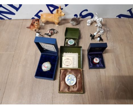 FOUR ENAMEL TRINKETS BY HALCYON DAYS AND CRUMMLES TOGETHER WITH ANIMAL FIGURINES BY LOMONOSOV USSR SYLVAC ETC