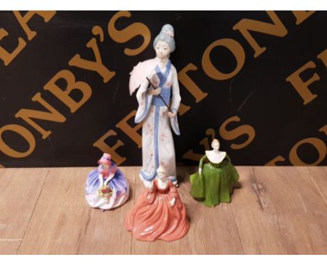 NAO BY LLADRO FIGURE OF GEISHA GIRL PLUS 3 OTHER FIGURES INC ROYAL DOULTON MONICA AND NATALIE AND CLAUDETTE FROM THE COALPORT