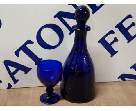 ANTIQUE HAND MADE MOUTH BLOWN BRISTOL BLUE DECANTER TOGETHER WITH A BRISTOL BLUE DOUBLE KNOP WINE GLASS