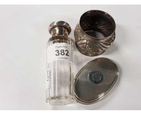 SILVER TOPPED CUT GLASS BOTTLE JAR A SILVER NAPKIN RING AND A LID BY ASPREY OF BOND STREET