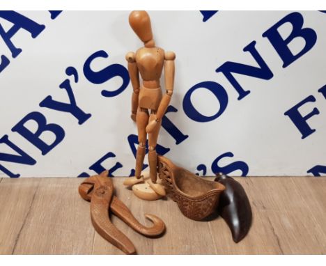 OLD ARTISTS MANNEQUIN HAND CARVED WOOD CAT NUTCRACKERS, SCANDINAVIAN HAND CARVED WOOD JUG AND MAHOGANY CARVED SEA SHELL