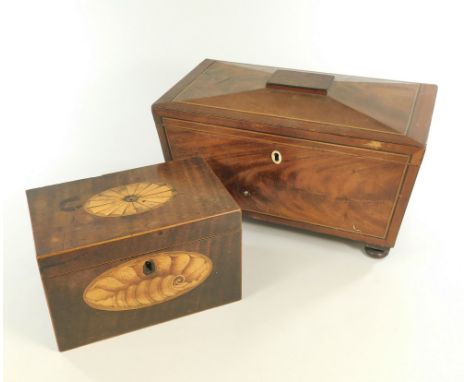 CADDIES. A Victorian tea chest, width 29.5cm, (one caddy missing) &amp; a Georgian inlaid caddy.