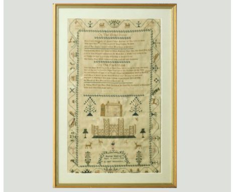 SAMPLER. A George IV pictorial sampler by Harriet Weaver, aged 13 years, July 12th 1825, Batheston. (Some holing). 52.5 x 32.