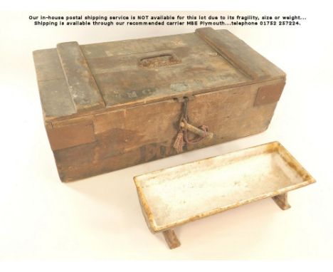 EGG BOX ETC. A metal bound wooden egg box, with applied metal seal 'The Protector Egg Box.' 50x26x17cm. Also a white enamel c