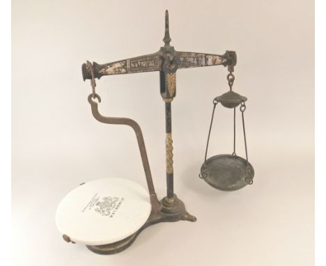 AVERY SCALES. A pair of Victorian cast iron &amp; ceramic scales by Avery. Provenance: Jennie &amp; Arthur Hancox.