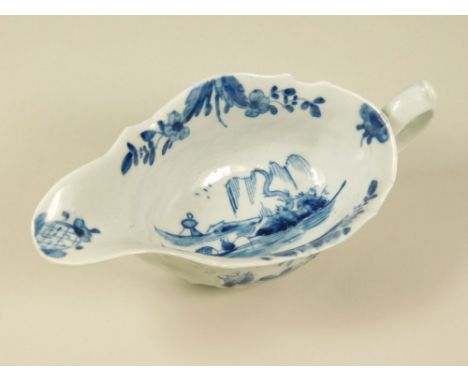 WORCESTER SAUCE BOAT. A Worcester low footed sauce boat, c.1755, in the Sinking Boat Fisherman pattern, painted within moulde