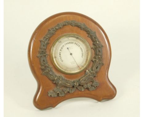 DESK BAROMETER. A wooden mounted desk barometer, retailed by Dalrymple, Optician, Glasgow. Height 14cm.
