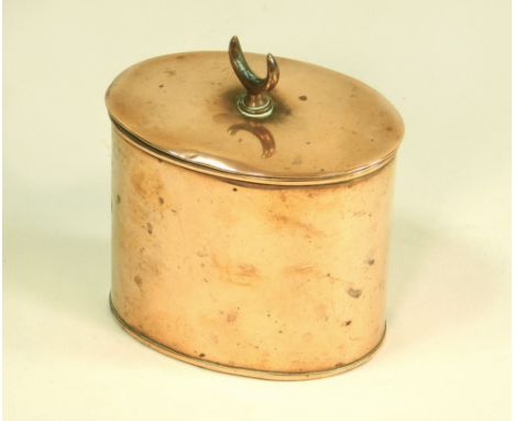 TEA CADDY. A copper tea caddy with hinged lid &amp; crescent finial, by J. Picard &amp; Co., 117 Regent Street. W.