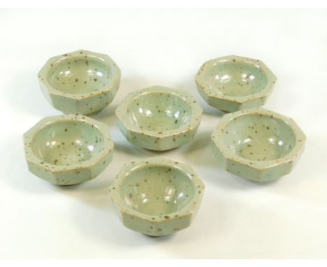 JEREMY LEACH. LOWERDOWN. Six matching miniature, cut sided bowls, possibly for salt. Personal &amp; Pottery marks. Width 6.5c